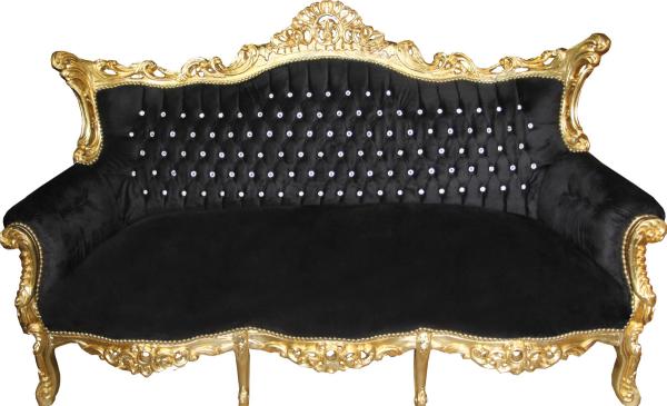 Casa Padrino Barock 3-er Sofa Master Schwarz / Gold mit Bling Bling Glitzersteinen