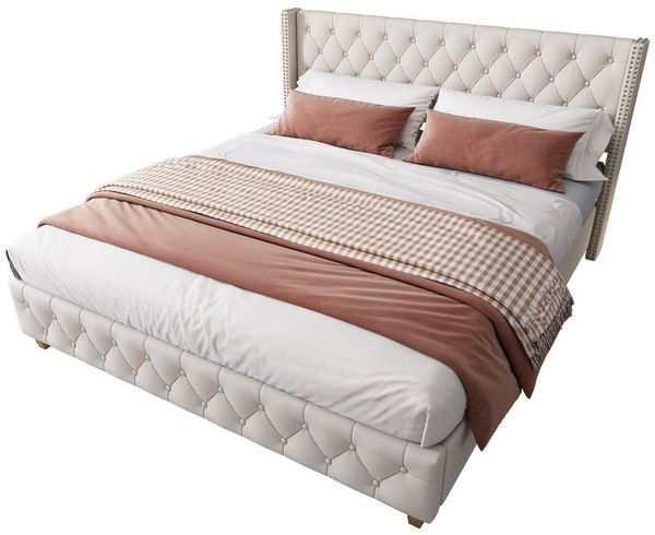 Flieks Polsterbett, Massivholz Doppelbett 180x200cm mit Lattenrost und Polster-Kopfteil