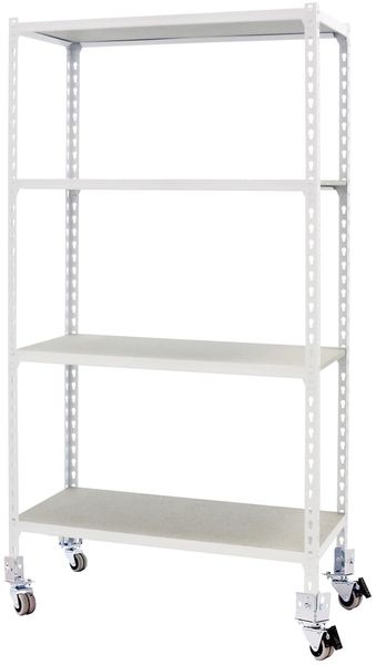 Simon Rack Schwerlastregal mit Rollen, 1575 x 900 x 500 mm, Bis 75 kg Belastbar, 4 Verstellbare Ablagen, MDF-Platten, Kellerregal, Lagerregal, Weiss/Holz - Maderclick