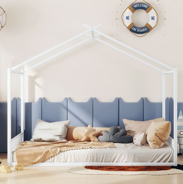 Bett 140x200 cm Hausform aus Metall – Kinderbett in Weiß, ohne Matratze