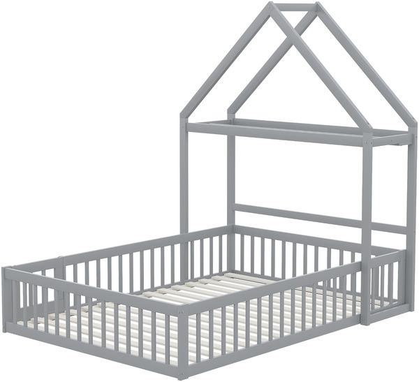 Kinderbett Massivholz mit Dach, Regal, Kleiderstange & Lattenrost, 140x200 cm, Grau, ohne Matratze Bild 7