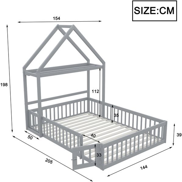 Kinderbett Massivholz mit Dach, Regal, Kleiderstange & Lattenrost, 140x200 cm, Grau, ohne Matratze Bild 3