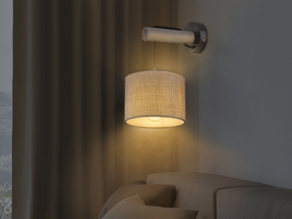 LED Wandleuchte mit Schalter, Holz und Stoffschirm Grau, Höhe 33,5cm