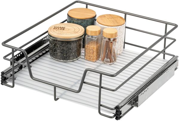 Teleskopschublade für 50 cm Schrank mit Einlegeboden, aus Metall, grau