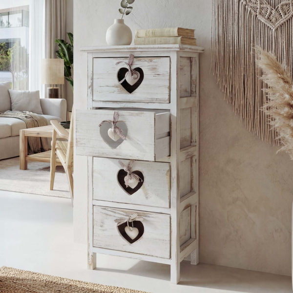 Kommode Forli, Schubladenkommode Schrank, 4 Schubladen mit Herzen 70x29x25cm, Shabby-Look, Vintage ~ weiß