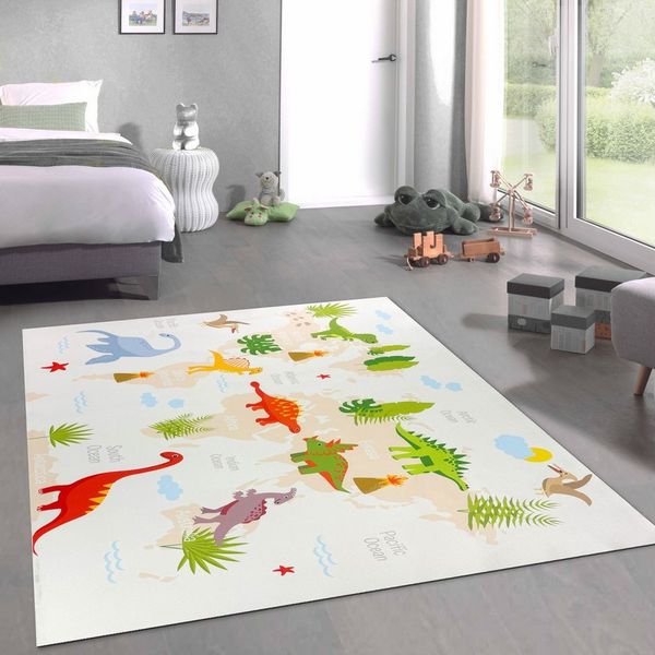 Carpetia Kinderteppich Kinderteppich im Dinomuster mit T-Rex Stegosaurus in Beige, rechteckig, Höhe: 5 mm