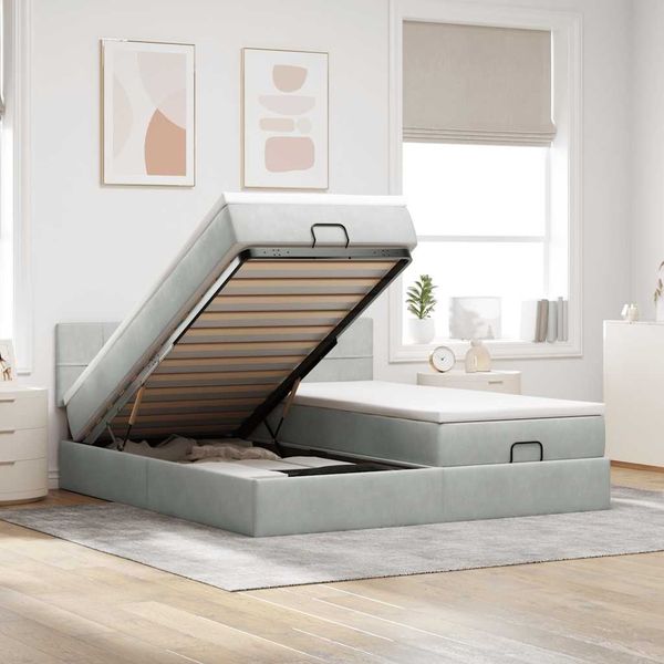 vidaXL Ottoman-Bett mit Matratzen & LEDs Hellgrau 200x200 cm Samt 3312929