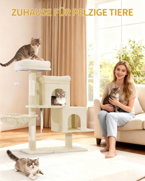 Kratzbaum, 95 cm Kleiner Katzenbaum, Geräumiges und Stabile, Verstellbare Basis, mit Weiche Große Plattform, Plüschbälle, Höhlen, Kratzsäulen, Katzenkorb, Sisalseil, Beige