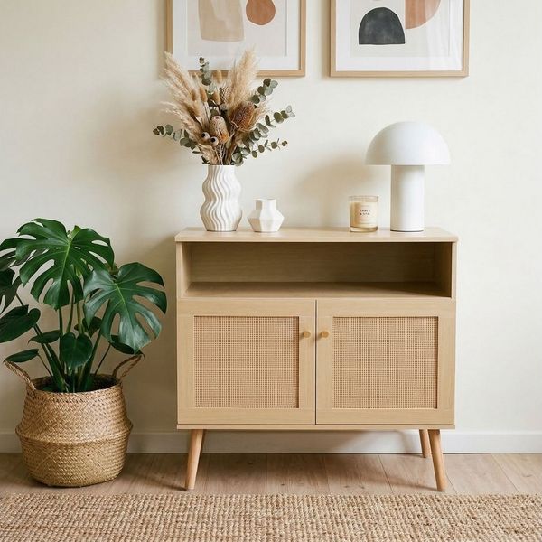IDIMEX Kommode NORICA, Sideboard mit Rattanoptik und Holzfüßen- Eichefarben