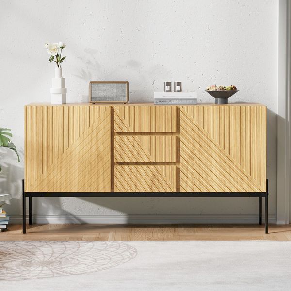 Merax Sideboard mit 2 Türen und 3 Schubladen,Metallbeinen, TV-Schrank,Buffet, Kommode mit Linien-Design, Maße: H75 cm / B140 cm/ T40 cm