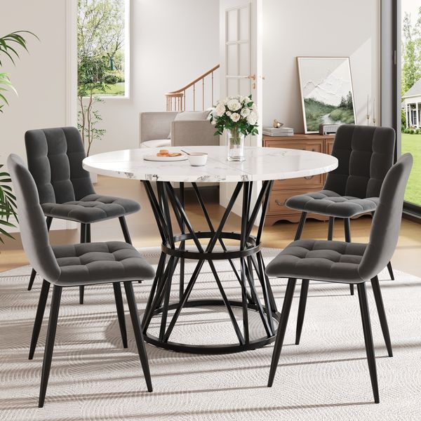 Esstisch-Set, 5-teiliges Küchen-Esstisch-Set mit 4 Stühlen rund Ø100cm schwarze Metallbeine MDF-Marmorplatte graue Samtstühle, MDF+Metall+Samt, Grau+Schwarz, Ø100cm