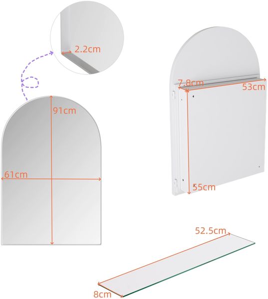 Spiegelschrank mit Bogenform und 2 Glasablagen, 91x61x12 cm – Badezimmerschrank mit Spiegel, Metallrahmen, Weiß Bild 4