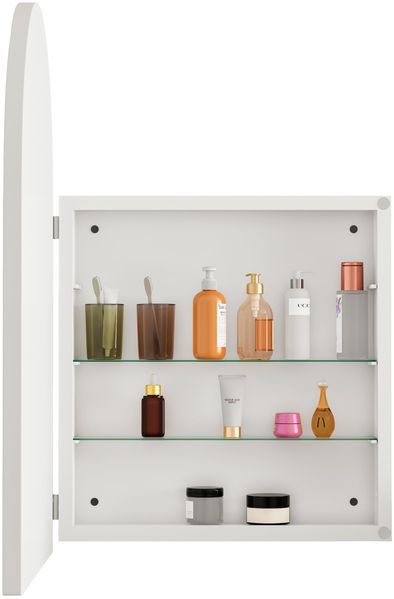 Spiegelschrank mit Bogenform und 2 Glasablagen, 91x61x12 cm – Badezimmerschrank mit Spiegel, Metallrahmen, Weiß Bild 6