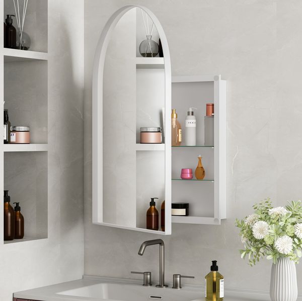 Spiegelschrank mit Bogenform und 2 Glasablagen, 91 x 61 x 12 cm – Badezimmerschrank mit Spiegel, Metallrahmen, Weiß