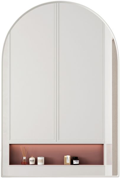Spiegelschrank mit Bogenform und 2 Glasablagen, 91x61x12 cm – Badezimmerschrank mit Spiegel, Metallrahmen, Weiß Bild 8
