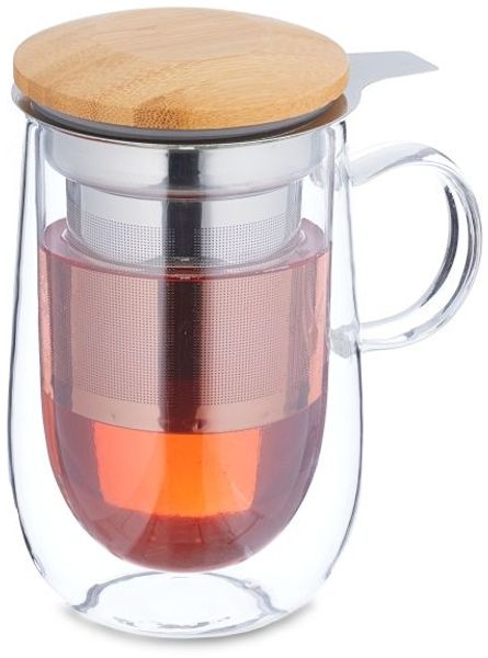 Relaxdays Teeglas mit Sieb und Bambusdeckel