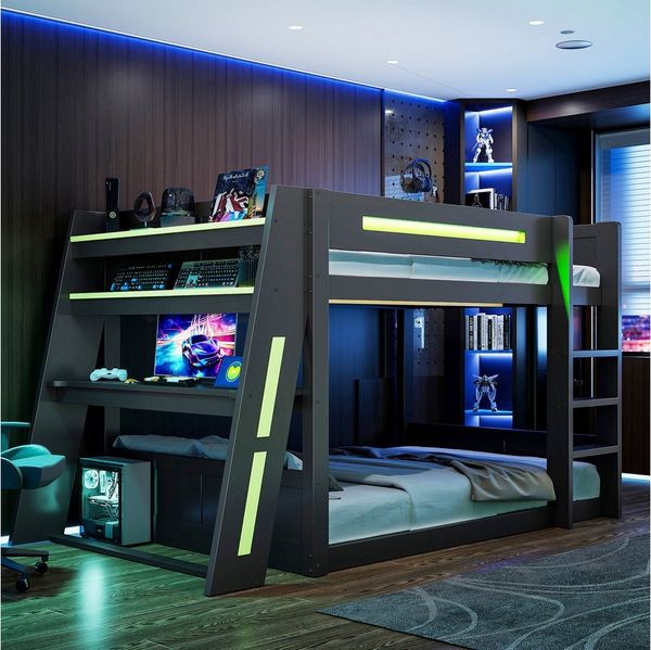 Merax Etagenbett 140x200 cm mit LED und USB (Hochbett Jugendbett Stockbett Gaming Bett, 1-St), Holz Kinderbett mit Arbeitsbereich, Leiter, Ablagefächern & Stauraum