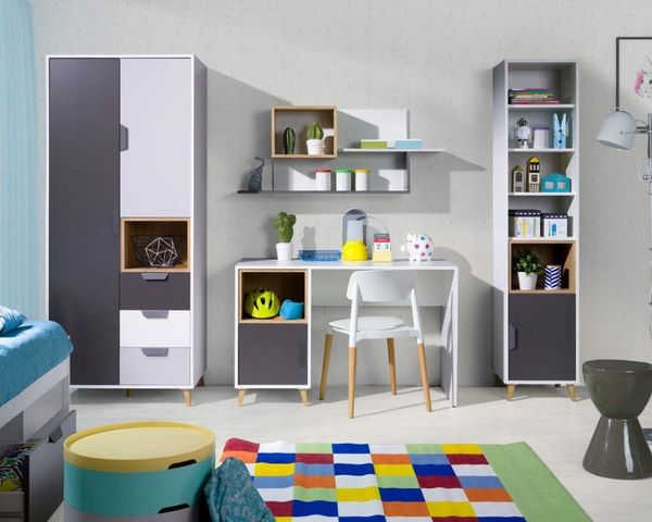 Deine Möbel 24 Jugendzimmer-Set JUSTIN 4 Jugendzimmer Jugendmöbel Kinderzimmer Set komplett 4-teilig, (Set (2 + 14 + 12 + 4), 4-tlg, Weiß / Graphit / Grau / Eiche), bestehend aus Kleiderschrank, Hängeregal, Schreibtisch, Regal