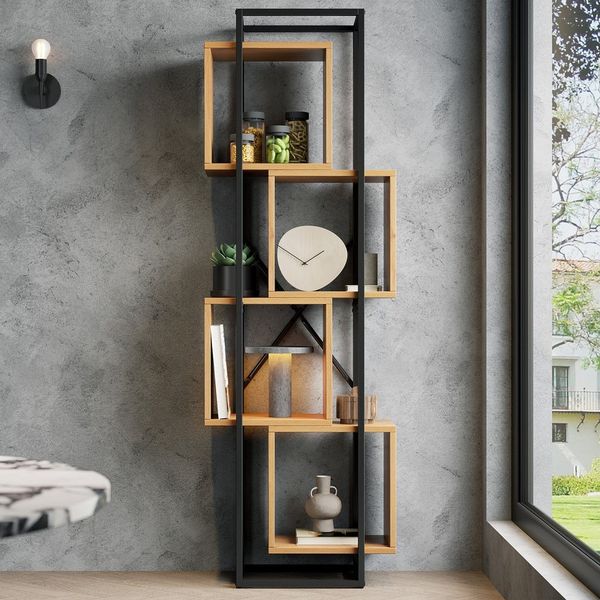 HAUSS SPOLE Bücherregal mit 4 Offenen Fächern,Stehregal Metallregal mit MDF-Holz,Schwarz Braun, Standregal aus MDF-Holz in natürlicher Holzoptik, für Wohnzimmer, Arbeitszimmer, Küche oder Büro
