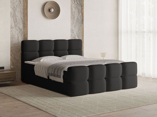 GRAINGOLD Rivon Doppelbett 140x200, Boxspringbett, zwei Bettkästen, mit Kopfteil, Modern Stil, Bouclé-Stoff, Schwarz