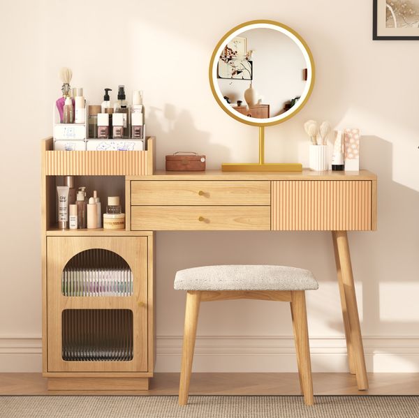 Schminktisch Set mit LED Spiegel và Seitenschrank Makeup Tisch Beauty Tisch Frisiertoilette 3 Schubladen Regenbogenglas Natur E1 Spanplatte großer Stauraum Geschenk für Frau, 90cmx40cmx120cm, Natur