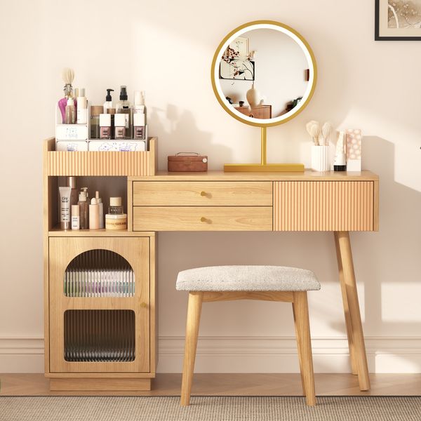 Schminktisch Set mit LED Spiegel và Seitenschrank Makeup Tisch Beauty Tisch Frisiertoilette 3 Schubladen Regenbogenglas Natur E1 Spanplatte großer Stauraum Geschenk für Frau, 90cmx40cmx120cm, Natur