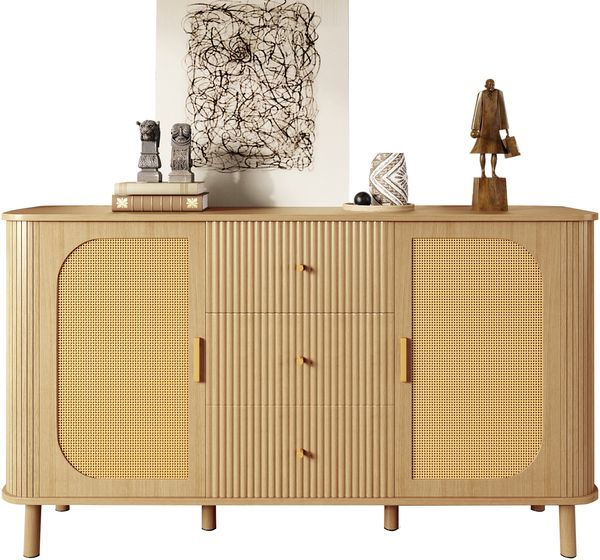 Modernes Sideboard, mit Schubladen, Regalen und Metallbeinen in Holzoptik, vielseitiges Wohnzimmermöbelstück, Metall/Holzoptik