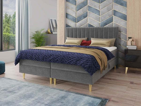 Boxspringbett Gold mit 2 Bettkästen und Topper - Doppelbett, Bonell-Matratze, Polsterbett, Bett mit Matratzentopper, Schlafzimmer, Velours Stoff (Grau (Manila 16), 180 x 200 cm)