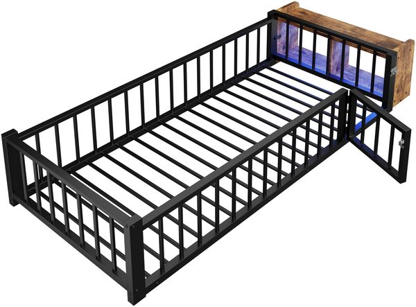 Merax Einzelbett, Kinderbett, Metallbett, 90 x 200 cm, Metallbettgestell, mit Schutzgeländer, ohne Matratze, Schließfächern, LED-Streifenleuchten, Schwarz Bild 9