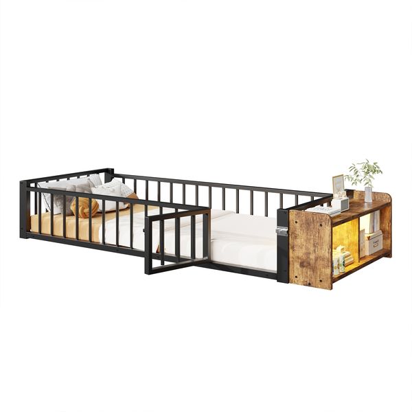 Merax Einzelbett, Kinderbett, Metallbett, 90 x 200 cm, Metallbettgestell, mit Schutzgeländer, ohne Matratze, Schließfächern, LED-Streifenleuchten, Schwarz Bild 10