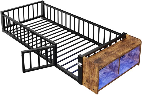 Merax Einzelbett, Kinderbett, Metallbett, 90 x 200 cm, Metallbettgestell, mit Schutzgeländer, ohne Matratze, Schließfächern, LED-Streifenleuchten, Schwarz Bild 7