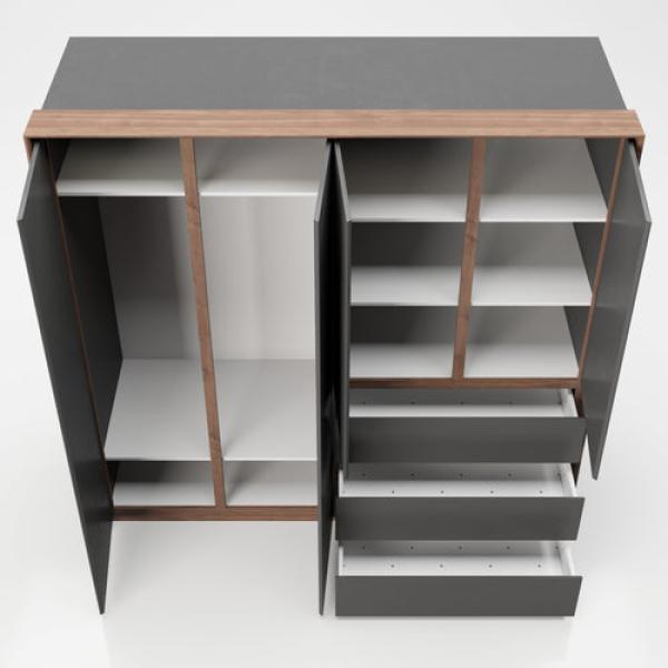 PLAYBOY - Kleiderschrank VICTORIA" mit 4 Türen und 3 Schubladen, sanft-schliessend, inkl Kleiderstange, Einlegeböden und LED-Beleuchtung, Walnuss-Dekor/Grau, Retro-Design" Bild 6