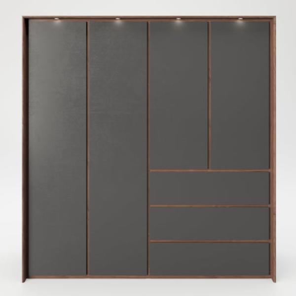 PLAYBOY - Kleiderschrank VICTORIA" mit 4 Türen und 3 Schubladen, sanft-schliessend, inkl Kleiderstange, Einlegeböden und LED-Beleuchtung, Walnuss-Dekor/Grau, Retro-Design" Bild 2