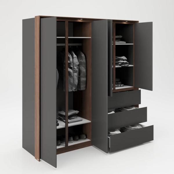 PLAYBOY - Kleiderschrank VICTORIA" mit 4 Türen und 3 Schubladen, sanft-schliessend, inkl Kleiderstange, Einlegeböden und LED-Beleuchtung, Walnuss-Dekor/Grau, Retro-Design" Bild 4