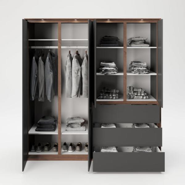 PLAYBOY - Kleiderschrank VICTORIA" mit 4 Türen und 3 Schubladen, sanft-schliessend, inkl Kleiderstange, Einlegeböden und LED-Beleuchtung, Walnuss-Dekor/Grau, Retro-Design" Bild 3