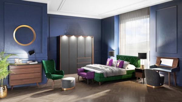 PLAYBOY - Kleiderschrank VICTORIA" mit 4 Türen und 3 Schubladen, sanft-schliessend, inkl Kleiderstange, Einlegeböden und LED-Beleuchtung, Walnuss-Dekor/Grau, Retro-Design" Bild 8