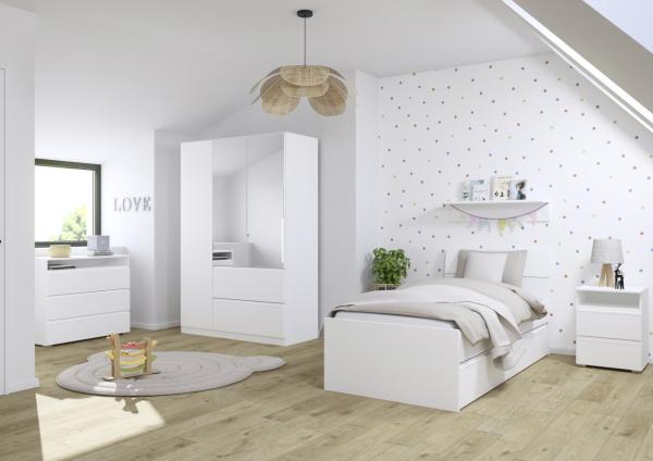 RAUCH BLUE Jugendzimmer Joel 5 teilig Komplett Set in Weiß mit Kleiderschrank, 90er Jugendbett, Nachttisch, Wandregal und Kommode - Jugendzimmer Kinderzimmer Möbel Teenagerzimmer - MD111129