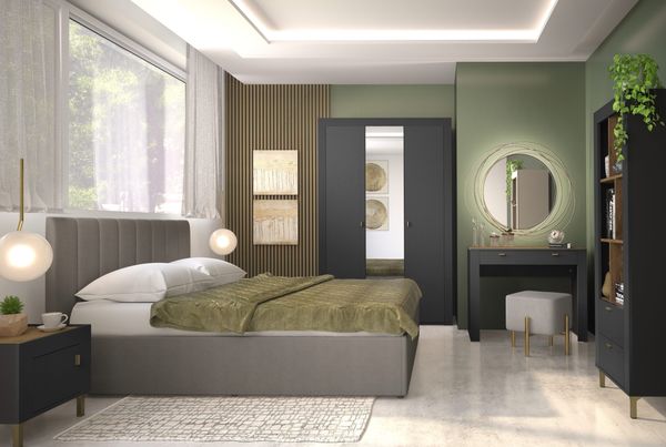 Jugendzimmer Mossa in Anthrazit & Eiche Whisky mit Polsterbett in 120er oder 140er Breite – moderne Komplettsets in verschiedenen Varianten wählbar - 5 teilig , Kleiderschrank 3türig + Polsterbett 140cm + Nachttisch + Schreibtisch + Regal