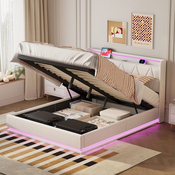 ADWOLT Polsterbett LED Hydraulisch Doppelbett Jugendbett (Set, 1-tlg, 140x200 cm Stauraumbett), Mit LED-Beleuchtung und Ladefunktion,Samt,Weiß