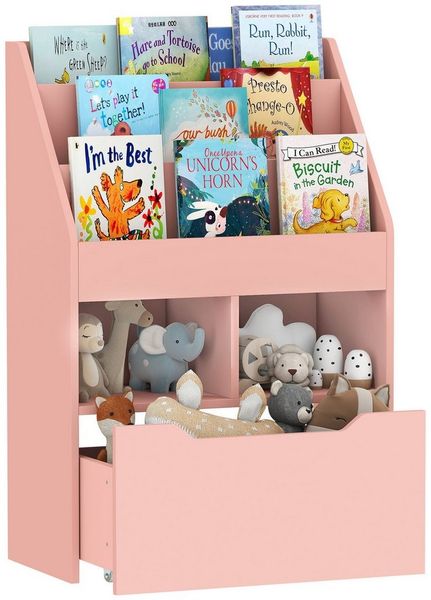 HOMCOM Kinderregal mit Schublade, 3 Ablagefächern und 2 offenen Fächern, Aufbewahrungsregal 1-tlg, für Kinderzimmer, Spielzimmer, Rosa, 60 x 29,9 x 90 cm
