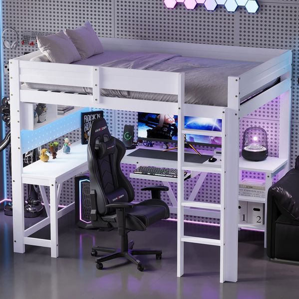 Hochbett mit RGB LED-Streifen und Eckschreibtisch, Trittletier, Regal, Wandgitter, USB und Type-C, 90x200 cm, Kinderbett mit Rausfallschutz, Kiefer