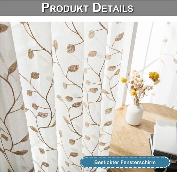 Qelus Vorhang Weiße Voile Gardinen mit grüner Blattstickerei, Lichtdurchlässig, 2st, Transparent, Kräuselband, für Schlafzimmer & Balkon