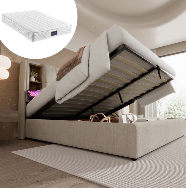 Polsterbett 160x200 cm mit Stauraum – Bettgestell mit USB, Typ-C, kabellosem Laden und Matratze