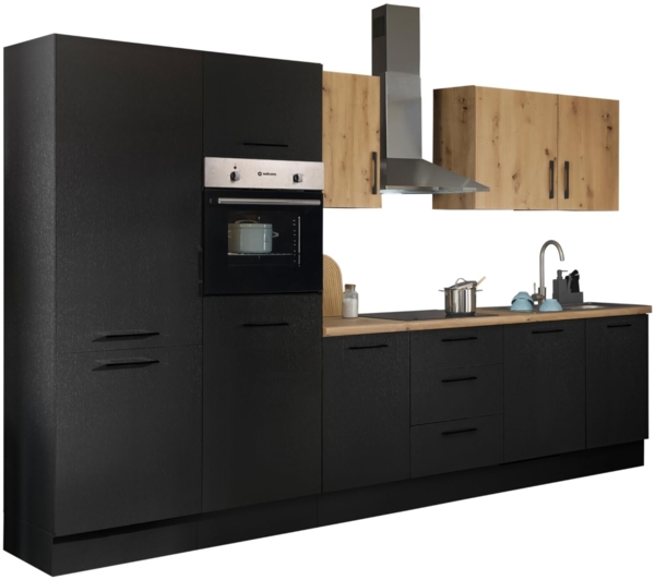Stella Trading Turin ZB Küchenzeile 340 x 211 x 60 cm, schwarz - Ohne Küchengeräte - Moderne, geräumige Küche in Artisan-Eiche Optik mit viel Stauraum