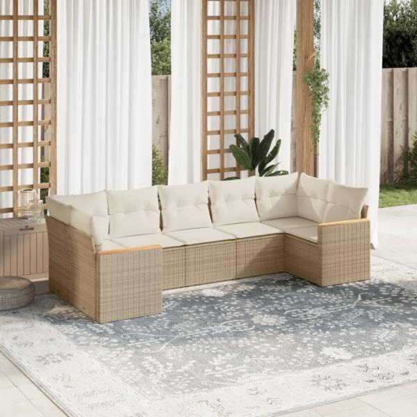 vidaXL 7-tlg. Garten-Sofagarnitur mit Kissen Beige Poly Rattan 3226268