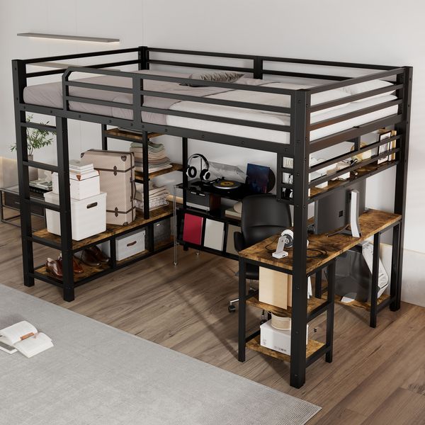Hochbett, Eisenbett mit Schreibtisch, Ablagefläche, stabilen Lattenrosten & 4-stufiger Leiter, Eisen + Spanplatte, Schwarz + Dunkel, 120 × 200 cm