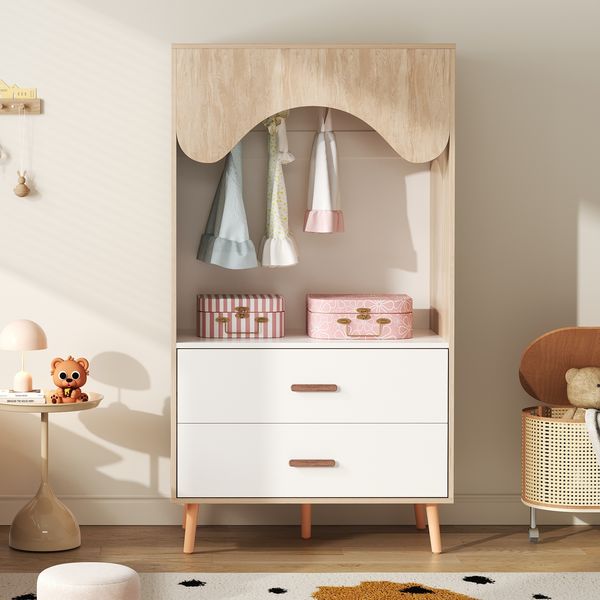 Kinderkleiderschrank, Kleiderschrank mit Kleiderstange, mit Schubladen, offener Kleiderschrank, Vollholzgriffen, aus Spanplatte, weiß+natürliches Holz, 80×46×141,5cm