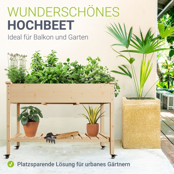 Juskys Hochbeet Freya mit Rädern - Holz, Vliesstoff & Ablage - Beet für Balkon, Kräuterbeet, Salatbeet, Gemüsebeet, Pflanzkübel, Garten, Terrasse Bild 2