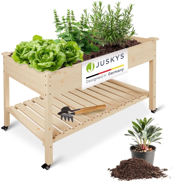 Juskys Hochbeet Freya mit Rädern - Holz, Vliesstoff & Ablage - Beet für Balkon, Kräuterbeet, Salatbeet, Gemüsebeet, Pflanzkübel, Garten, Terrasse