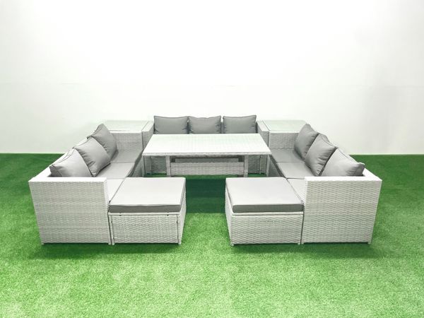 Fimous Polyrattan Gartenmöbel Set 11 Sitzer Garten Sofa Rechteckiger Esstisch Set mit 2 Großer Hockern 2 Beistelltischen Hellgrau gemischt